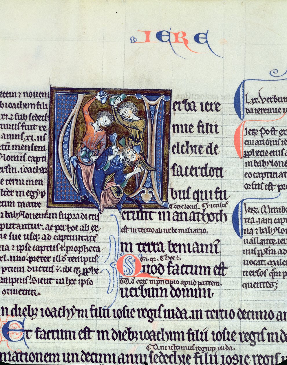 Ms 48 fol.95v Történeti V kezdőbetű, amely Jeremiás próféta megkövezését ábrázolja alkotó: French School