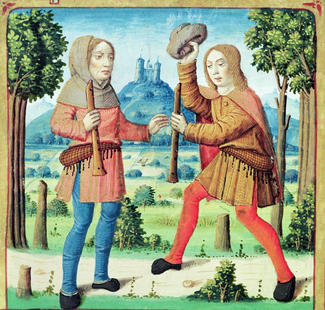 Ms 493 f.10v Dametas és Menalcas pásztorok, akik kihívják egymást egy zenei versenyre, Virgil Eclogues-jából Servius kommentárjával, 1469 alkotó: French School