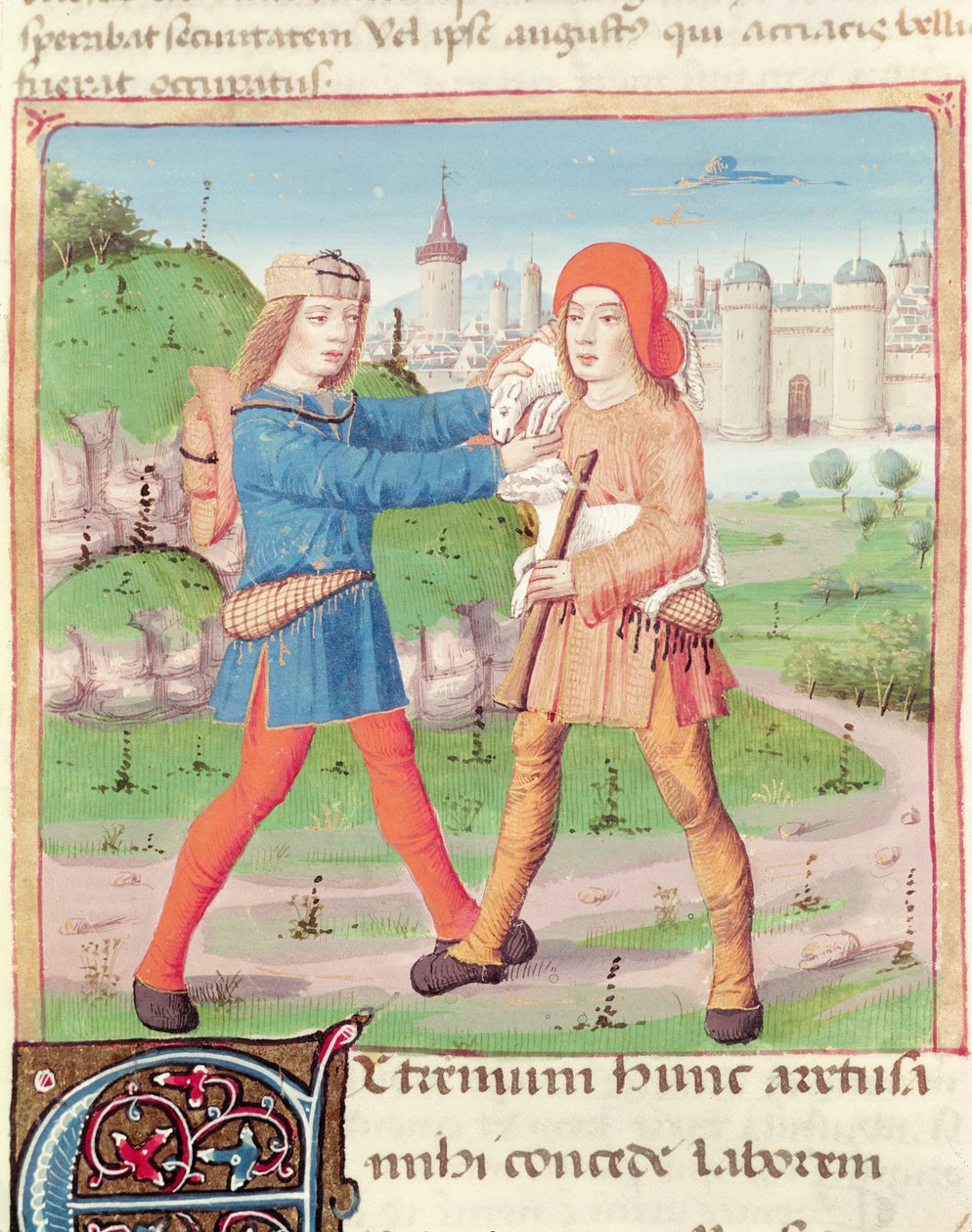 Ms 493 f.17 Ajándékcsere, Vergilius (Kr. e. 70-19) Eclogues-jából Servius kommentárjával, 1469 alkotó: French School