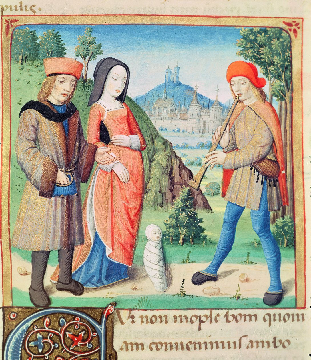 Ms 493 f.9 A gyermek ünnepe, aki helyreállítja az aranykort a Földön, Vergilius Eclogues című könyvéből Servius kommentárjával, 1469 alkotó: French School
