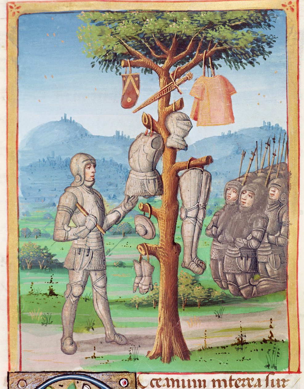 Ms 493 fol.193v Aeneas felakasztja Mezentius páncélját egy tölgyfára, Vergilius Aeneiséből Servius kommentárjával, 1469 alkotó: French School