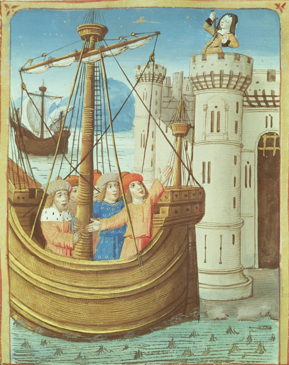 Ms 493 fol.99v Aeneas és Didos halálának távozása, Vergilius Aeneiséből Servius kommentárjával, 1469 alkotó: French School