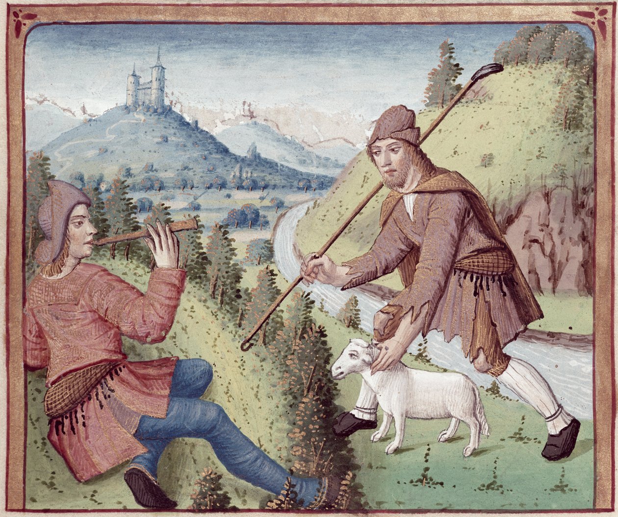 Ms 498 f.3v Tityrus találkozik Meliboeusszal, Vergiliustól az Eclogues-ból Servius kommentárjával, 1469 alkotó: French School