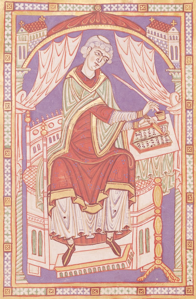 Ms 501 fol.5v Baudemond Writing, Szent Amand élete és csodáiból alkotó: French School