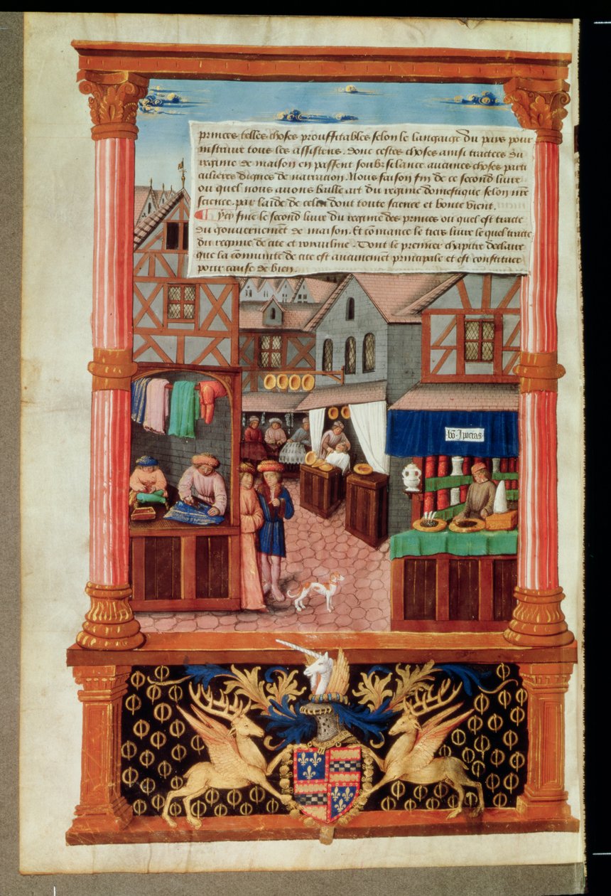 Ms 5062 fol.149v Utca üzletekkel és Robert Stuart, dAubigny Lucrece marshall címerével, a Livre de Gouvernement des Princestől, Gilles de Rome alkotó: French School