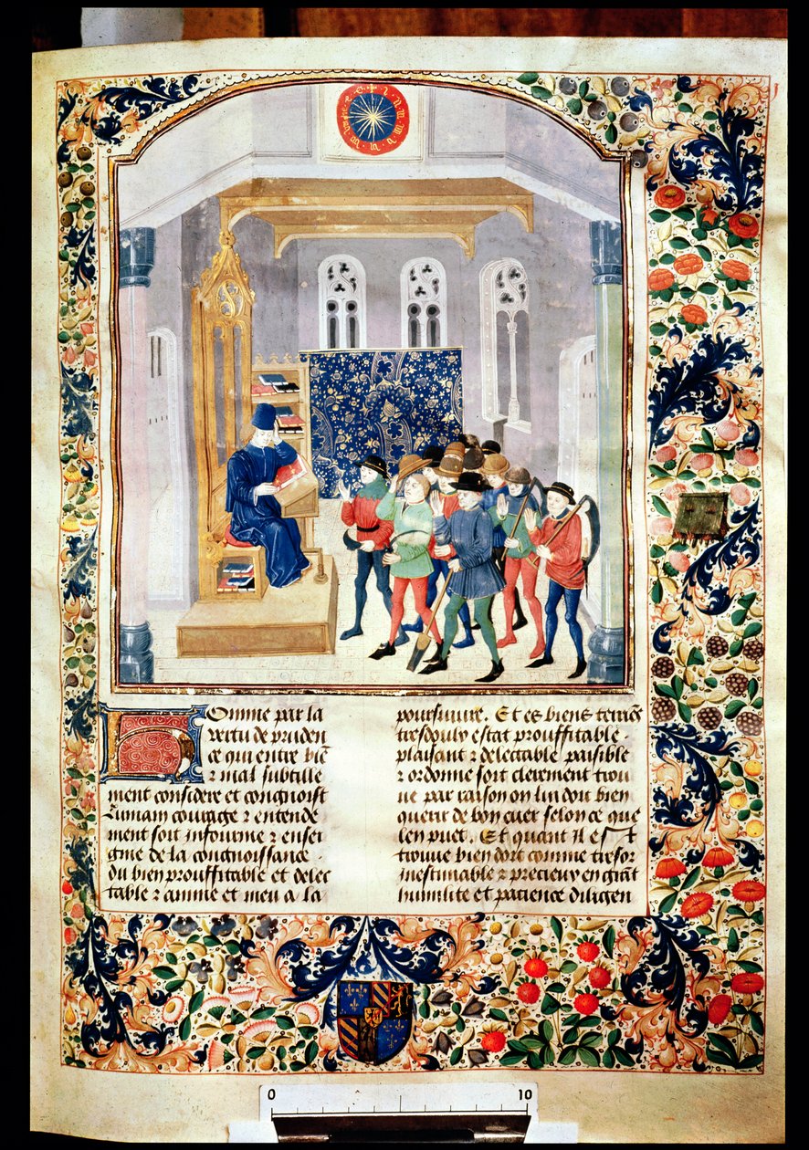 Ms 5064 fol.1r A szerző bemutatja könyvét a parasztoknak, a Livre des Prouffitz Champestresből Pietro de Crescenzi (1230-132021) alkotó: French School