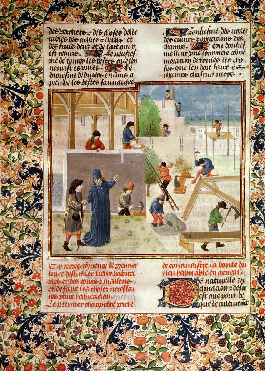 Ms 5064 fol.2v Házépítés, a Livre des Prouffitz Champestrestől, Pietro de Crescenzi (1230-132021) alkotó: French School