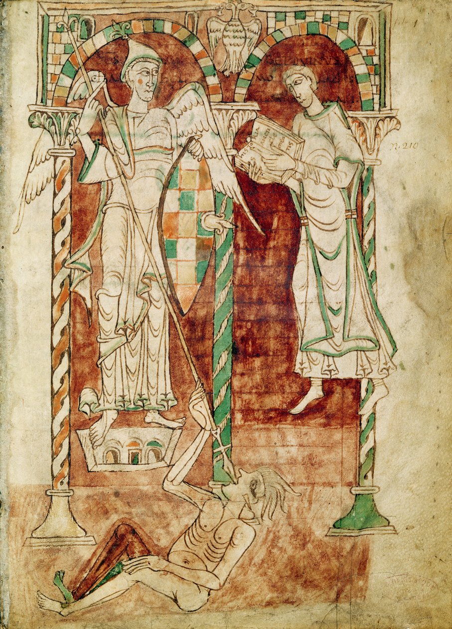 Ms 50 Fol.1v A másoló bemutatja könyvét Szent Mihálynak, Szent Kelemen elismeréseiből alkotó: French School