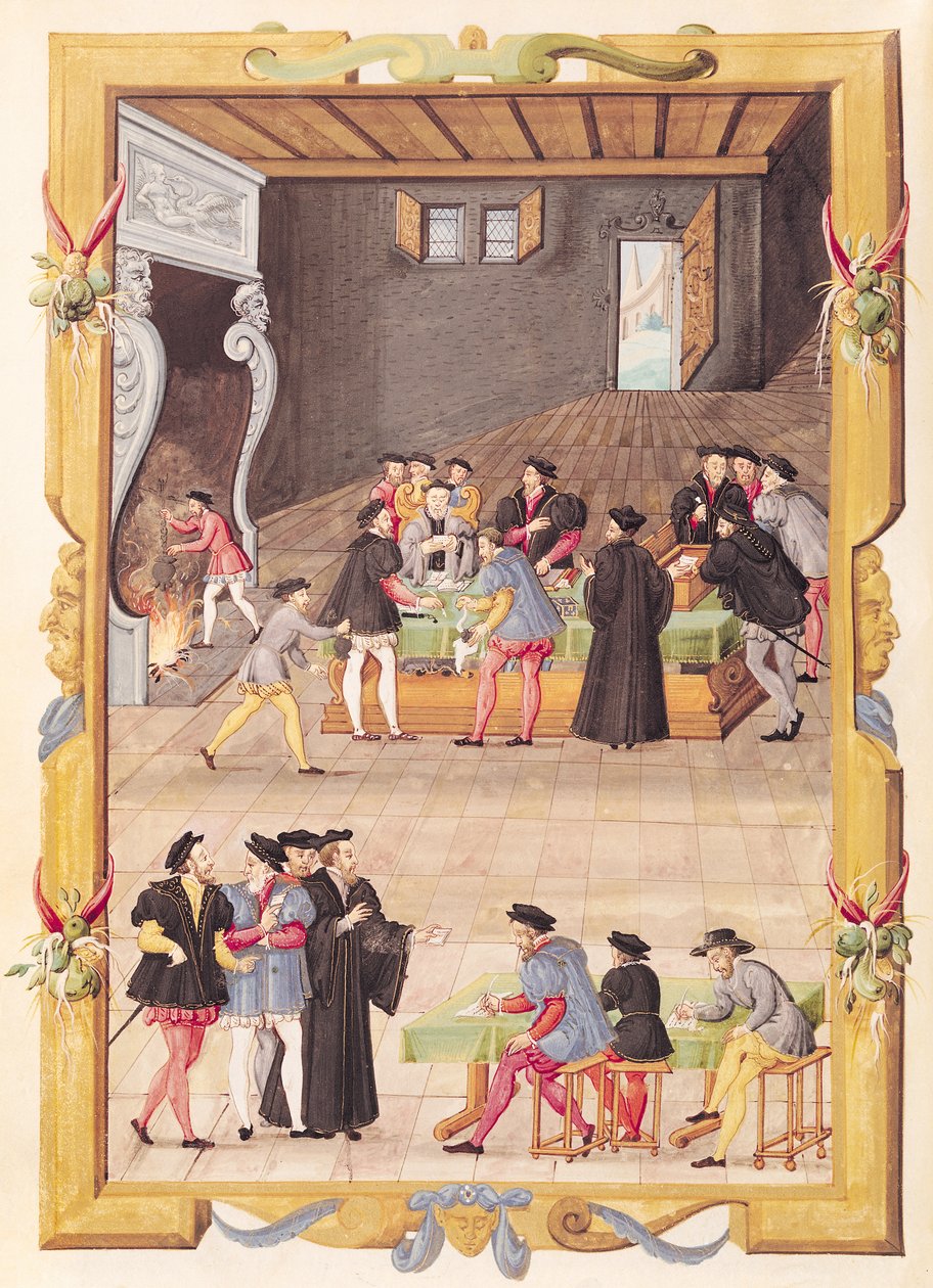 Ms 5169 f.2v A közjegyzők és a király titkárai a Közjegyzői és Királyi Titkárok Kollégiumának termében alkotó: French School