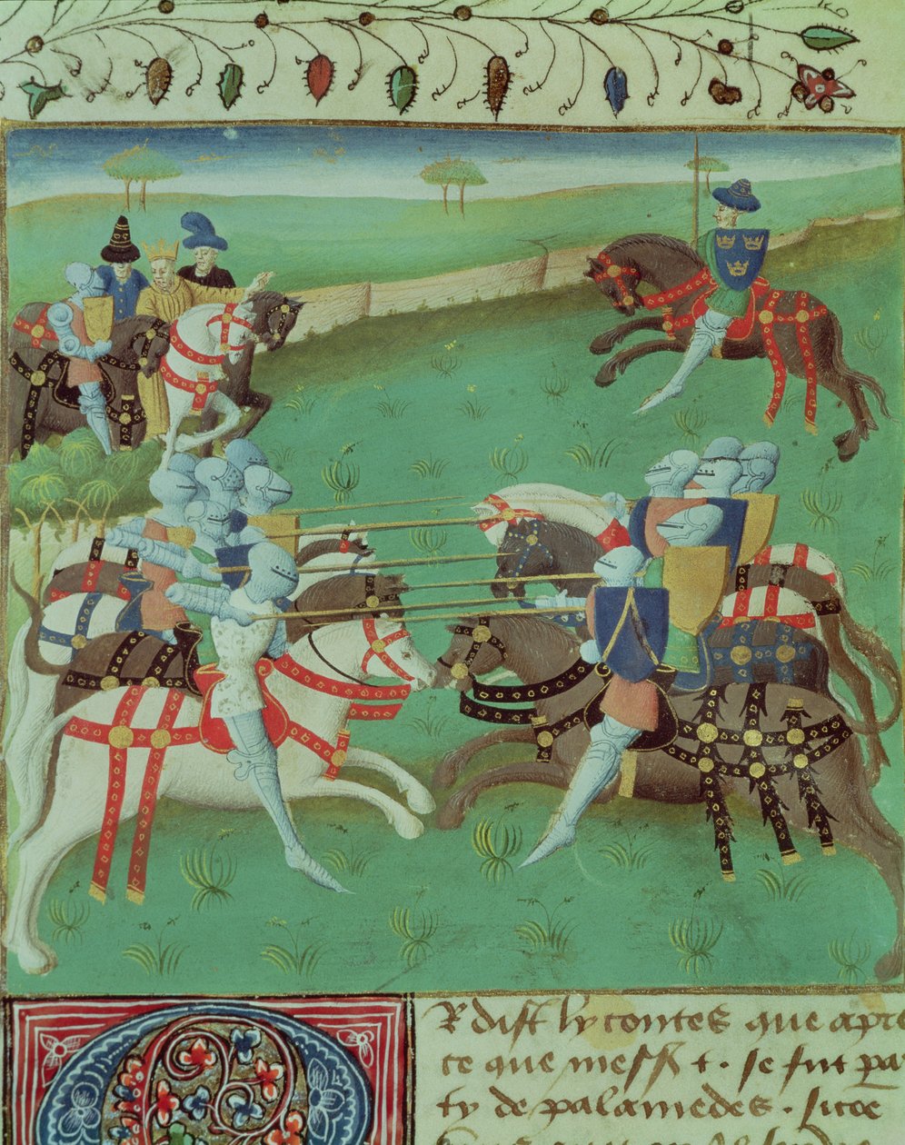 Ms 527 f.5v Lovagok tanítása a versenyre, Roman du Saint Graalból alkotó: French School
