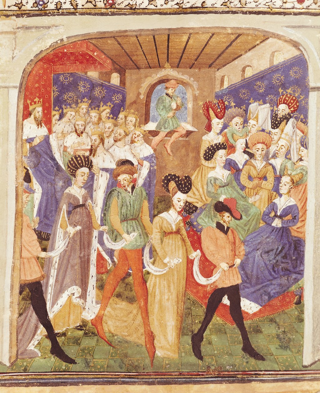 Ms 527 fol.1r Court Ball, a római du Saint Graalból alkotó: French School