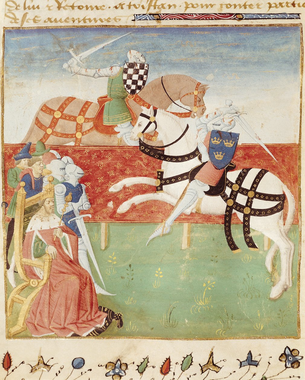Ms 527 fol.40v Két lovag összecsapása a király előtt, Roman du Saint Graal alkotó: French School