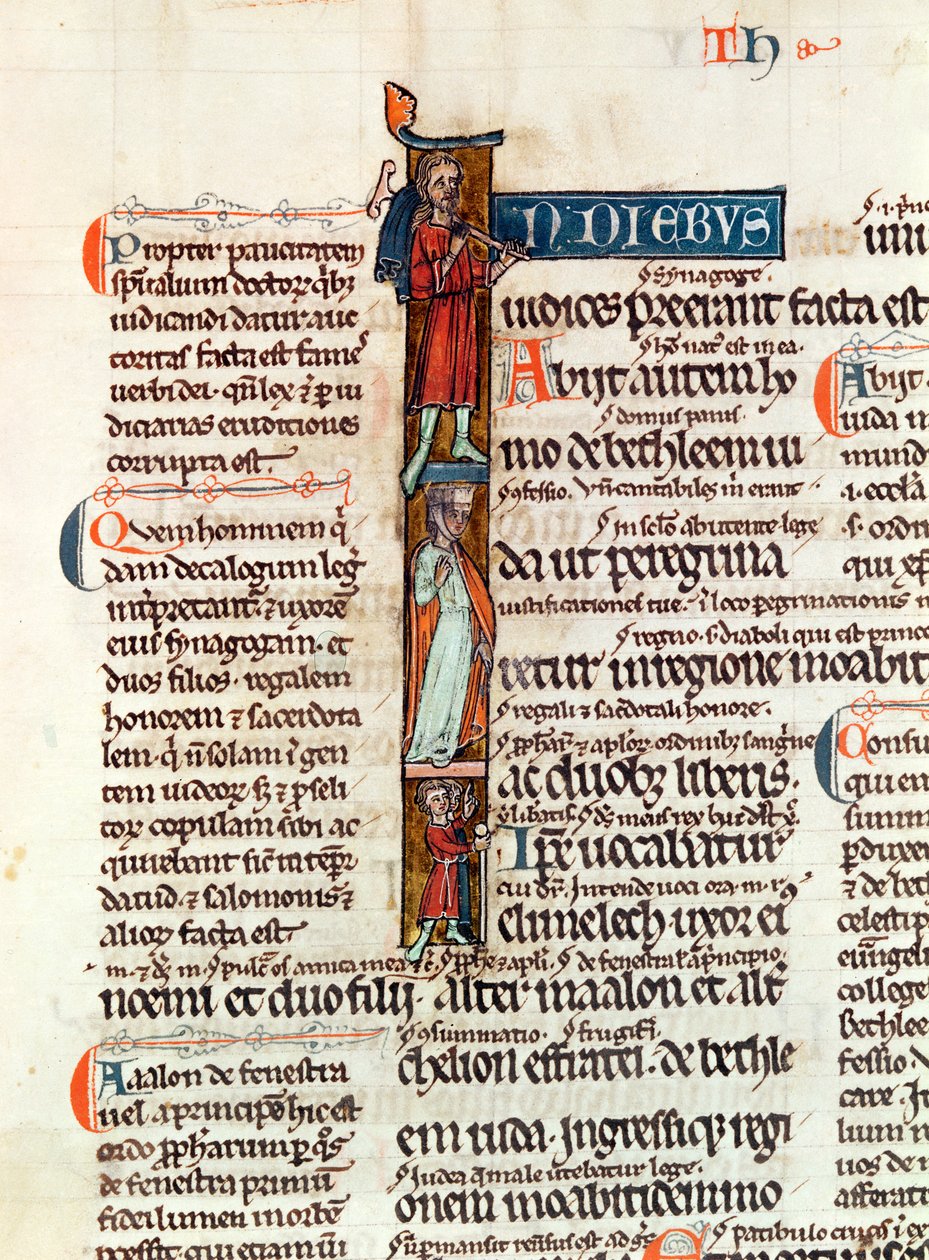 Ms 53 fol.29 Történeti kezdetű I, amely Ruthot férjével és fiaival ábrázolja a Livre de Ruthból alkotó: French School