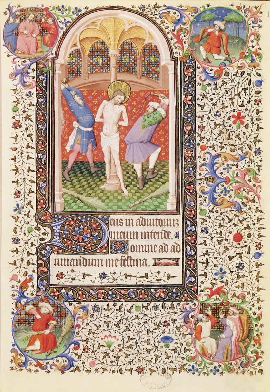 Ms 547 fol.13 Korbácsolás, egy poitiers-i nő által használt órák könyvéből alkotó: French School