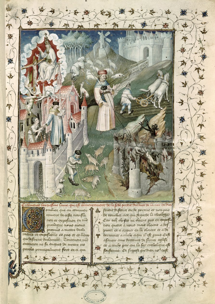 Ms 55 t.2 fol.3 Isten városa, Caen városa és Vices városa, Hippói Szent Ágoston (354-430) La Cite de Dieu-jából Raoul de Preles (1316-82) fordításában alkotó: French School