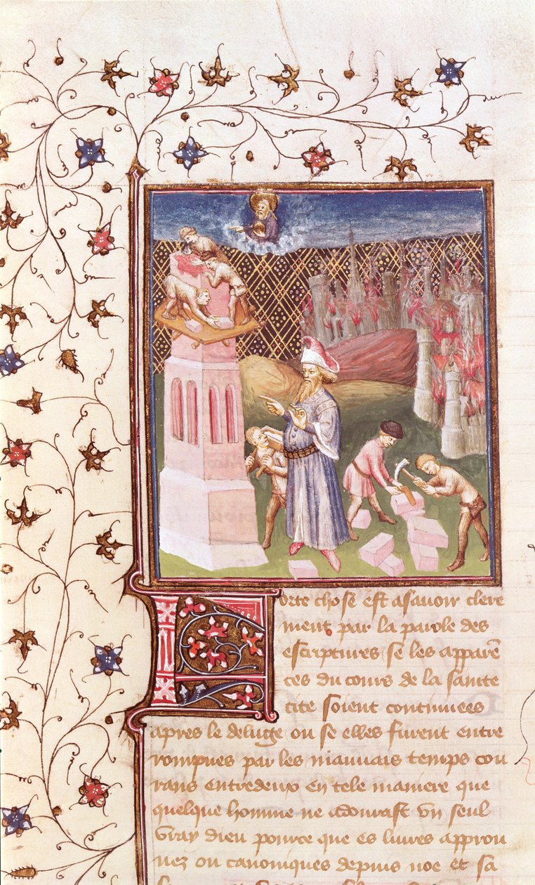 Ms 55 t f.111v Nimród, aki felügyeli a bábeli torony építését, Szent Ágoston La Cite de Dieu-jából, Raoul de Presles fordítása (1316-82) 1400-50 körül alkotó: French School