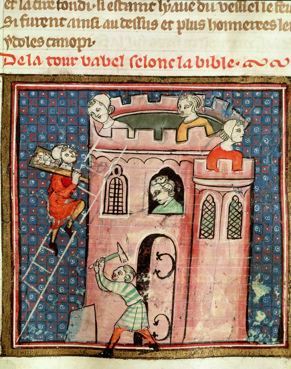 Ms 59 fol.17r Bábel tornyának építése, Guiart des Moulins Bible Historiale-jából alkotó: French School