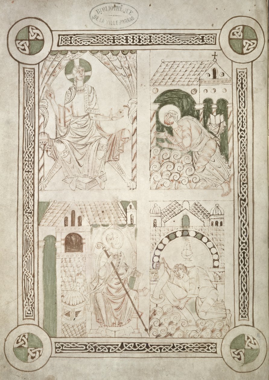 Ms 616 f.1v Szent Ágoston Krisztus és az írástudó lábánál Alardus könyvét felajánlja Szent Vaastnak, Szent Ágoston Vallomásainak előlapja alkotó: French School