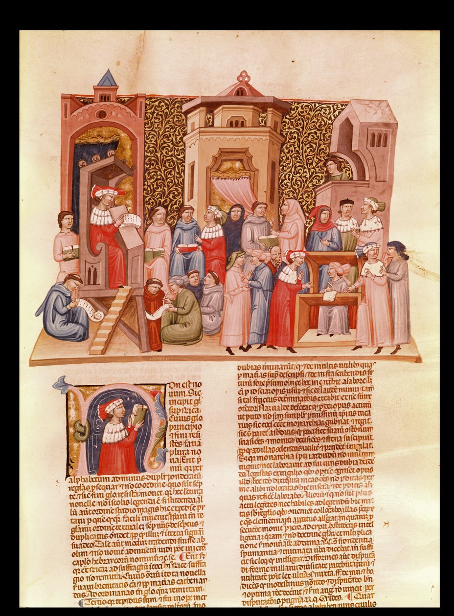 Ms 620 fol.173 Egy lecke az egyetemen és egy történész kezdetű N, amely egy mestert ábrázol, Jean Andre Novela Super Sextojából alkotó: French School