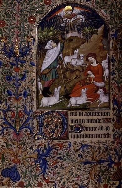 Ms 63 f.60v Angyal megjelenik egy pásztornak, egy nő ül, és koszorút készít, egy Órakönyvből, 1460 körül (vellum) alkotó: French School