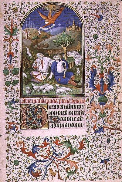 Ms 66 f.48r Angyal megjelenik két pásztornak, Amiens (vellum) alkotó: French School