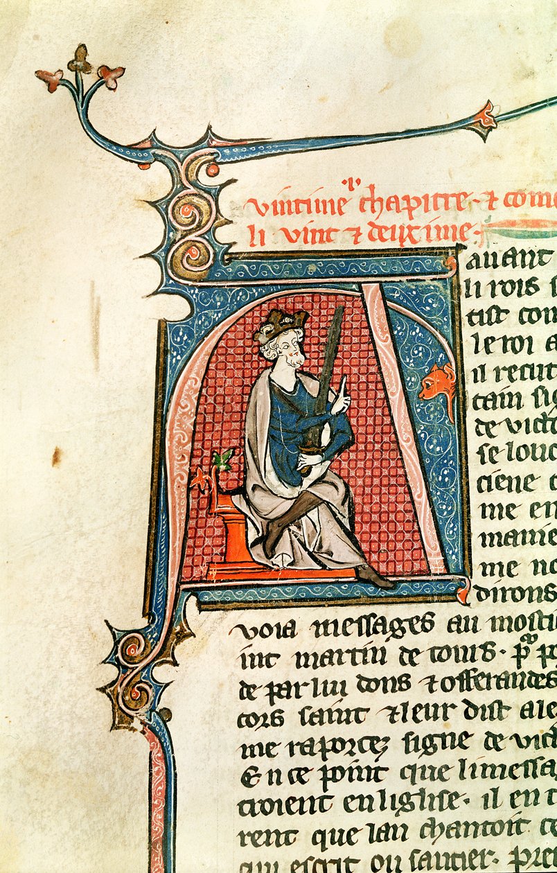 Ms 682 fol.17v Történelmi kezdetű A, amely egy ülő királyt ábrázol, aki kétélű kardot tart alkotó: French School