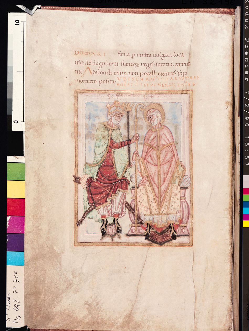 Ms 698 f.7v I. Dagobert (609-39), a frankok királya St. Audomarus Omer (i. e. 669) Therouanne püspöke, mint misszionárius püspök Pas-de-Calais-ban 637-ben, St. Omer életéből. alkotó: French School