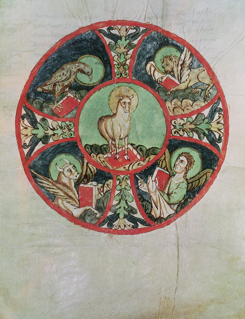 Ms. 69 fol.138v Isten Báránya az evangélisták szimbólumaival körülvéve alkotó: French School