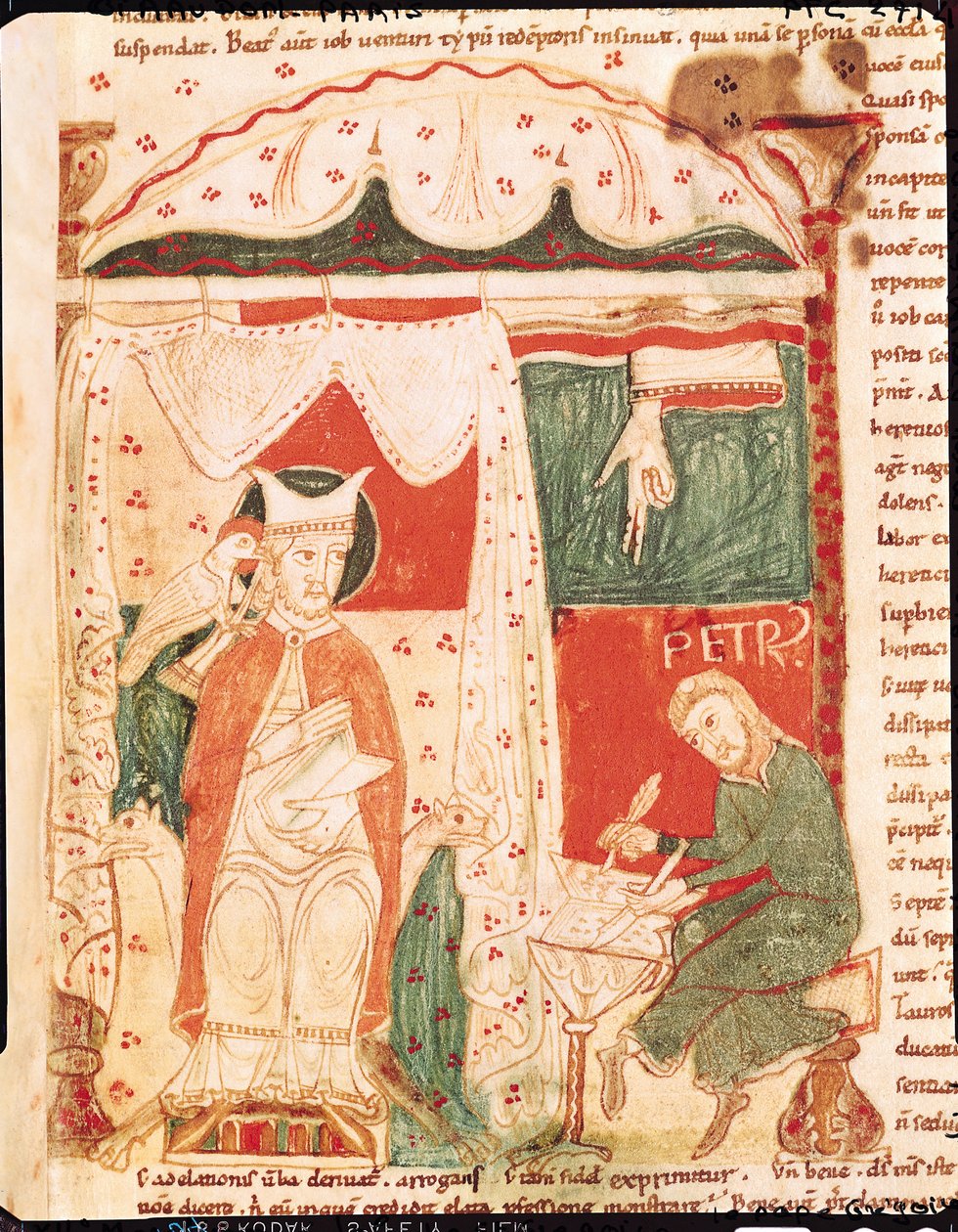 Ms 70 f.57 I. Nagy Gergely pápa (540-604 körül) diktálja Jób könyvét írnokának, Péternek, Nagy Gergely pápa Moráliájából Jóbban alkotó: French School