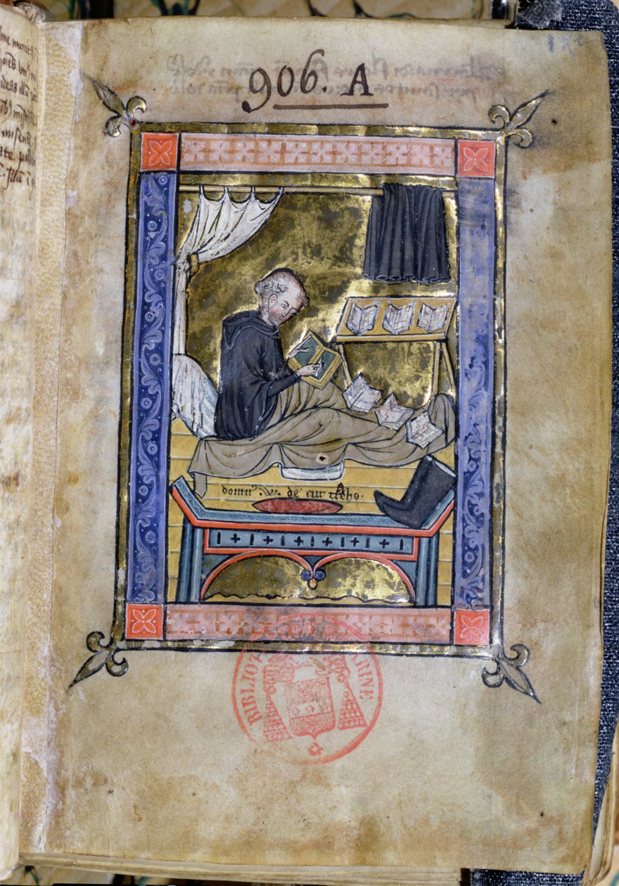 Ms 753 Fol.9 Szerzetes ír az ágyában, Flores Bernarditól, Guillaume de Tournai alkotó: French School