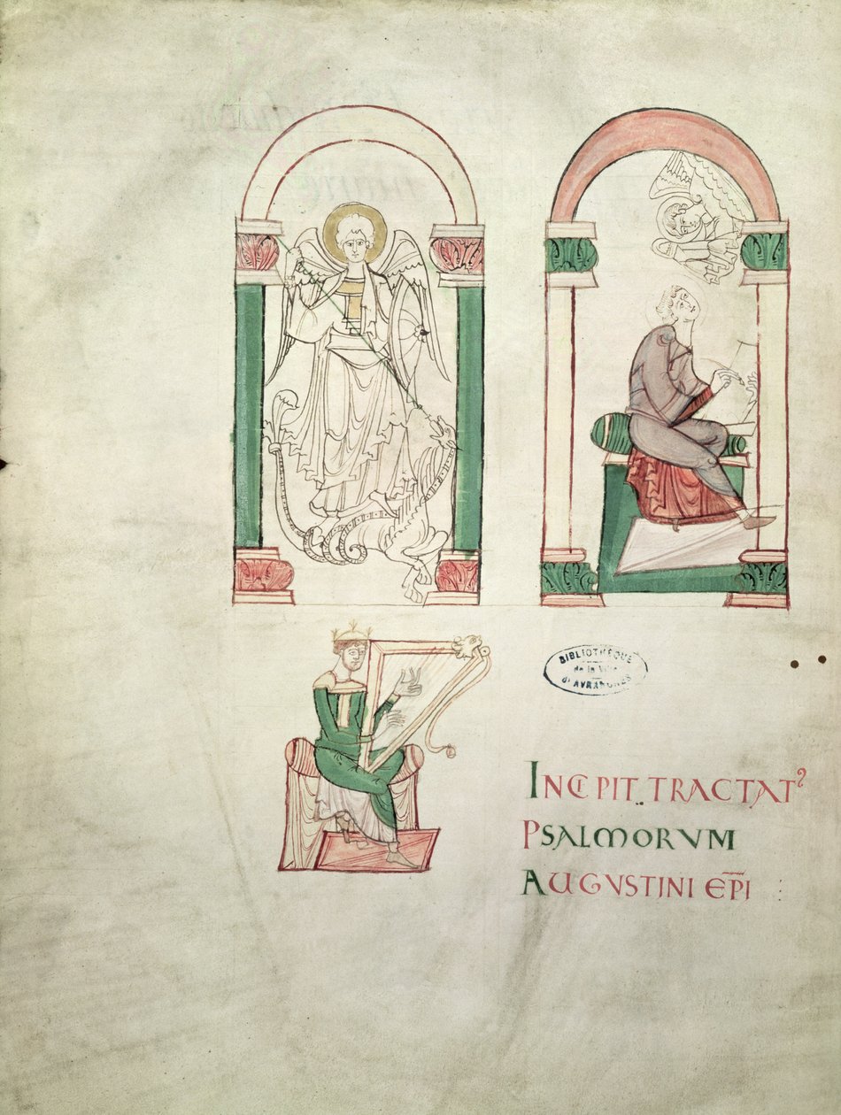 Ms 76 Szent Mihály, Szent Ágoston írása és Szent Dávid hárfán játszik, a Szent Ágoston Super Psalmos előképe alkotó: French School