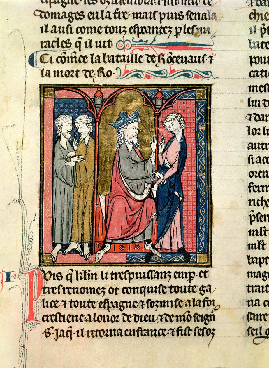 Ms 782 f.152r Charlemagne (742-814) Ganelont a Saragossai Kingshez, Marsile-hoz és Baliganthoz küldi a Chroniques de Saint-Denis-ből, 1275 körül alkotó: French School