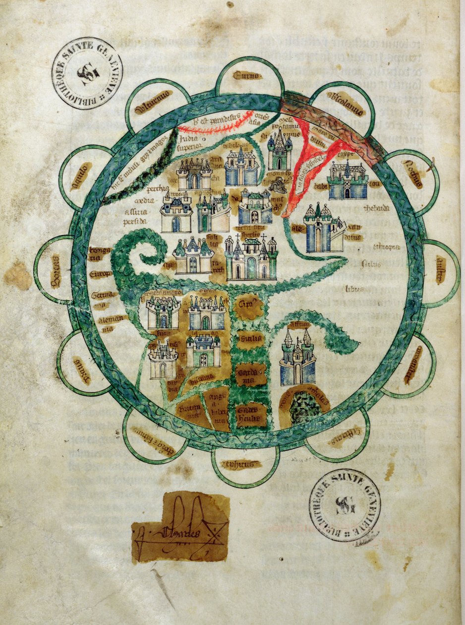 Ms 782 fol.16v. Földgömb formájú világtérkép, miniatűr a Grandes Chroniques de Philippe le Harditól alkotó: French School