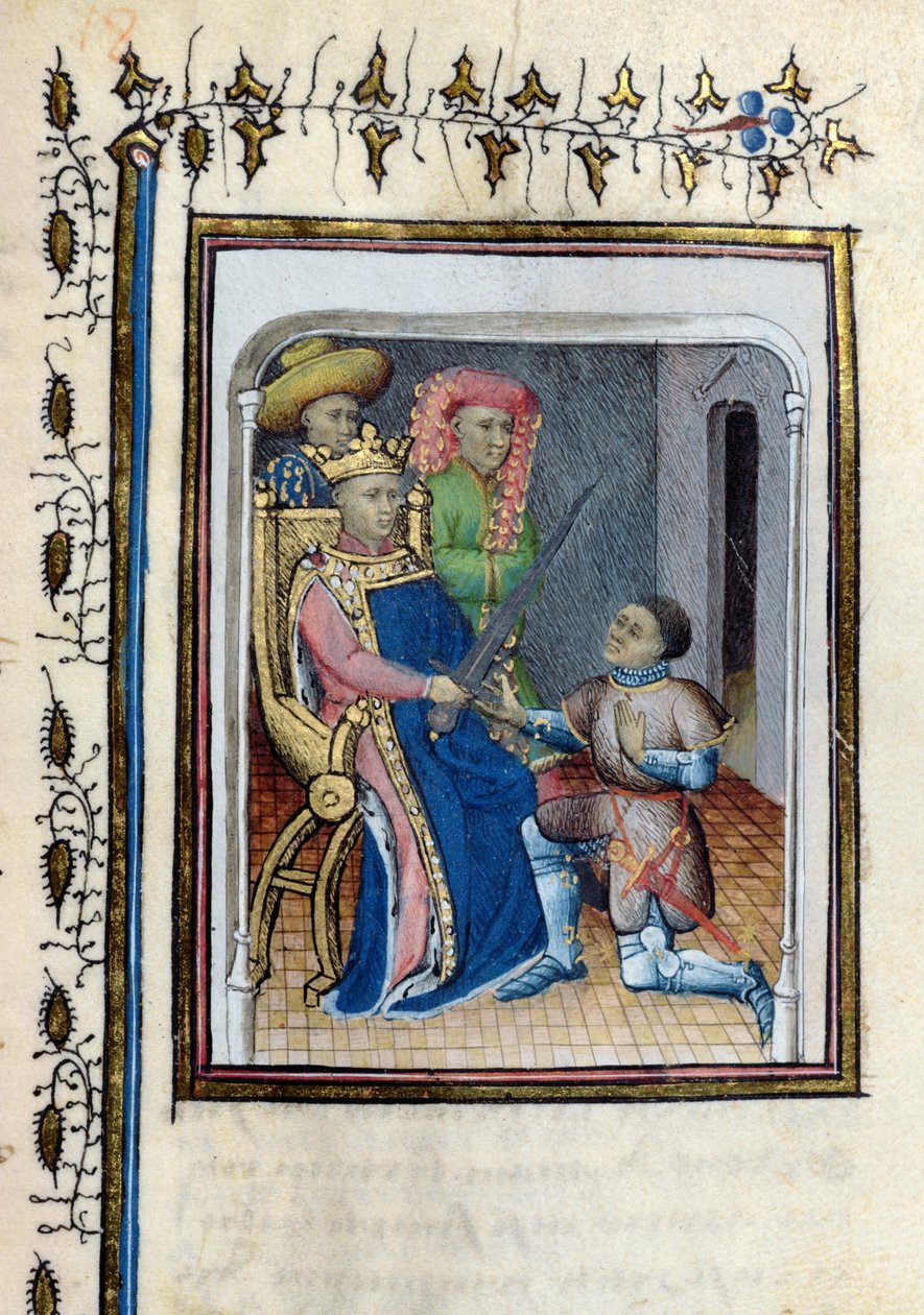 Ms 814 V. Károly (1338-80) visszaadja a főtiszt kardját Bertrand du Guesclinnek (kb. 1320-80) a Histoire de Du Guesclinből Cuvelier 15. század eleji költeménye után. alkotó: French School