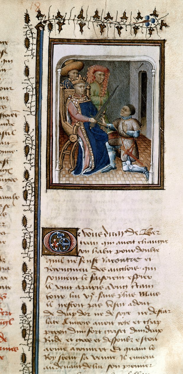 Ms 814 f.125r Bertrand du Guesclin (1320-80) a király által lovaggá ütött, a Histoire de Du Guesclinből alkotó: French School