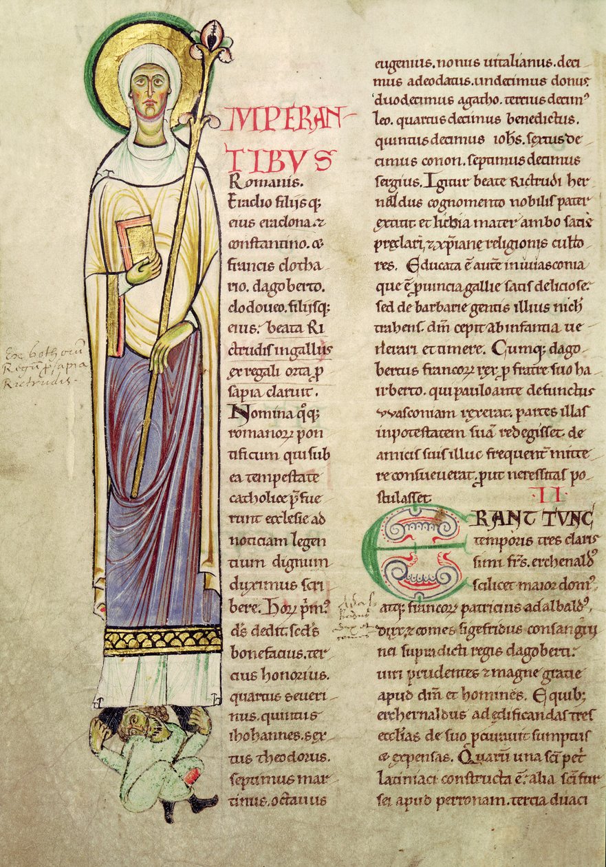Ms 846 fol.137v Történeti kezdetű I, amely Szent Richrudiust ábrázol, a Recueil de Vie des Saints-ből alkotó: French School