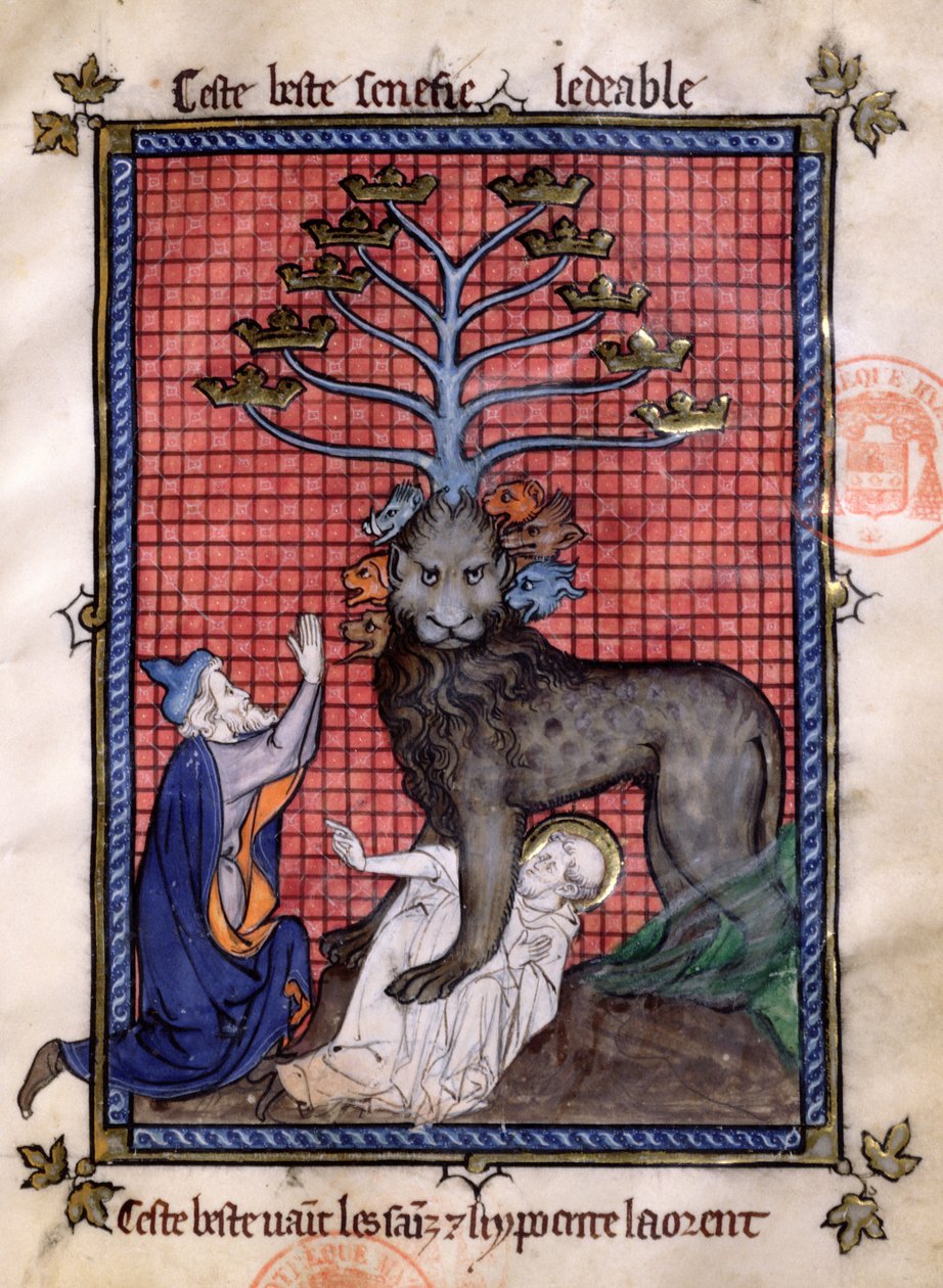 Ms 870 Fol.8 Az apokalipszis hétfejű fenevada, akit egy képmutató tisztelt és egy szentet zúz, a La Somme le Roy-ból, Frere Laurent, megvilágította Maitre Honore alkotó: French School
