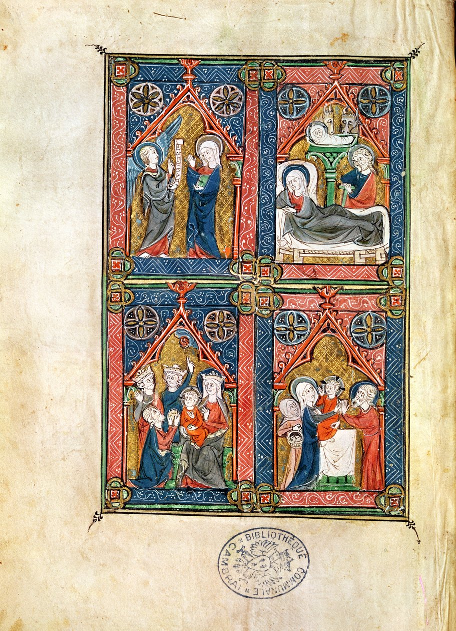Ms 87 fol.16 Az Angyali üdvözlet, a születés, a mágusok imádása és a megtisztulás, Mahaut dArtois óráiból alkotó: French School