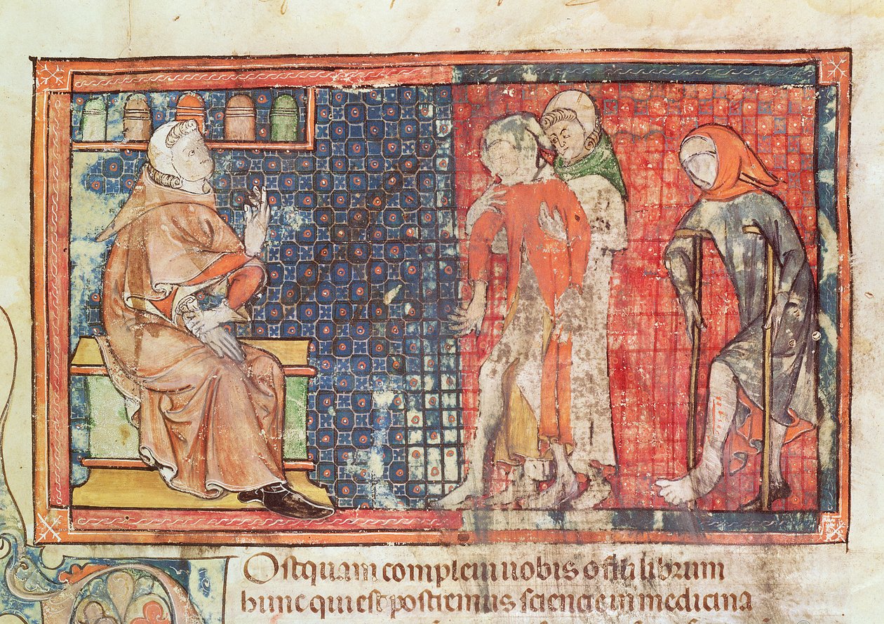 Ms 89 Ter fol.95 Egy beteg és egy nyomorék férfi orvosnak bemutatva, Abul Qasim Kalaf ibn al-Abbas al Zahrawi (Albukázis) értekezéséből alkotó: French School