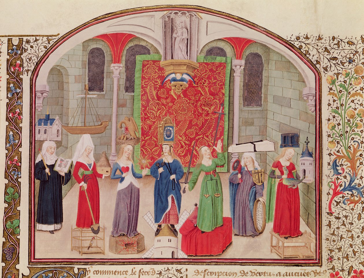 Ms 927 Fol.17v Teológiai és kardinális erények, Arisztotelész (Kr. e. 384-322) etikából, politikából és gazdaságtanból alkotó: French School