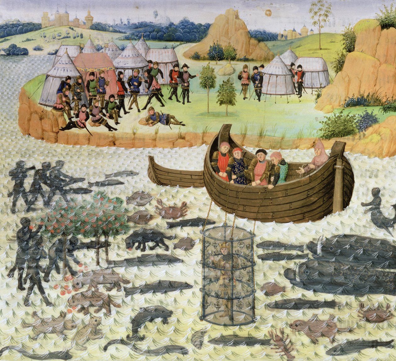 Ms 9342 Fol.182 Nagy Sándor (Kr. e. 356-323) búvárharang használatával alkotó: French School