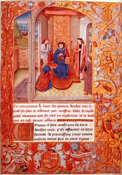 Ms 95 Fol.1 A szerző felajánlja könyvét Burgundia hercegének, Adolphe de Cleves címeréből, 15. század eleje (pergamen) alkotó: French School