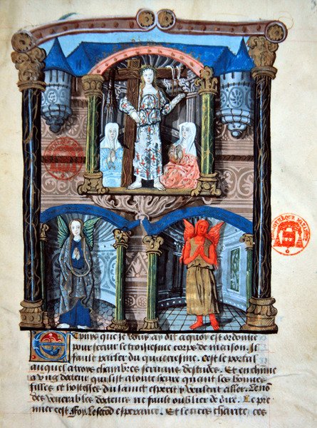Ms 978 fol.39 „A kastély kapuháza”, illusztráció Gabrielle de Bourbon (vellum) laikusok számára készült spirituális értekezéséből alkotó: French School