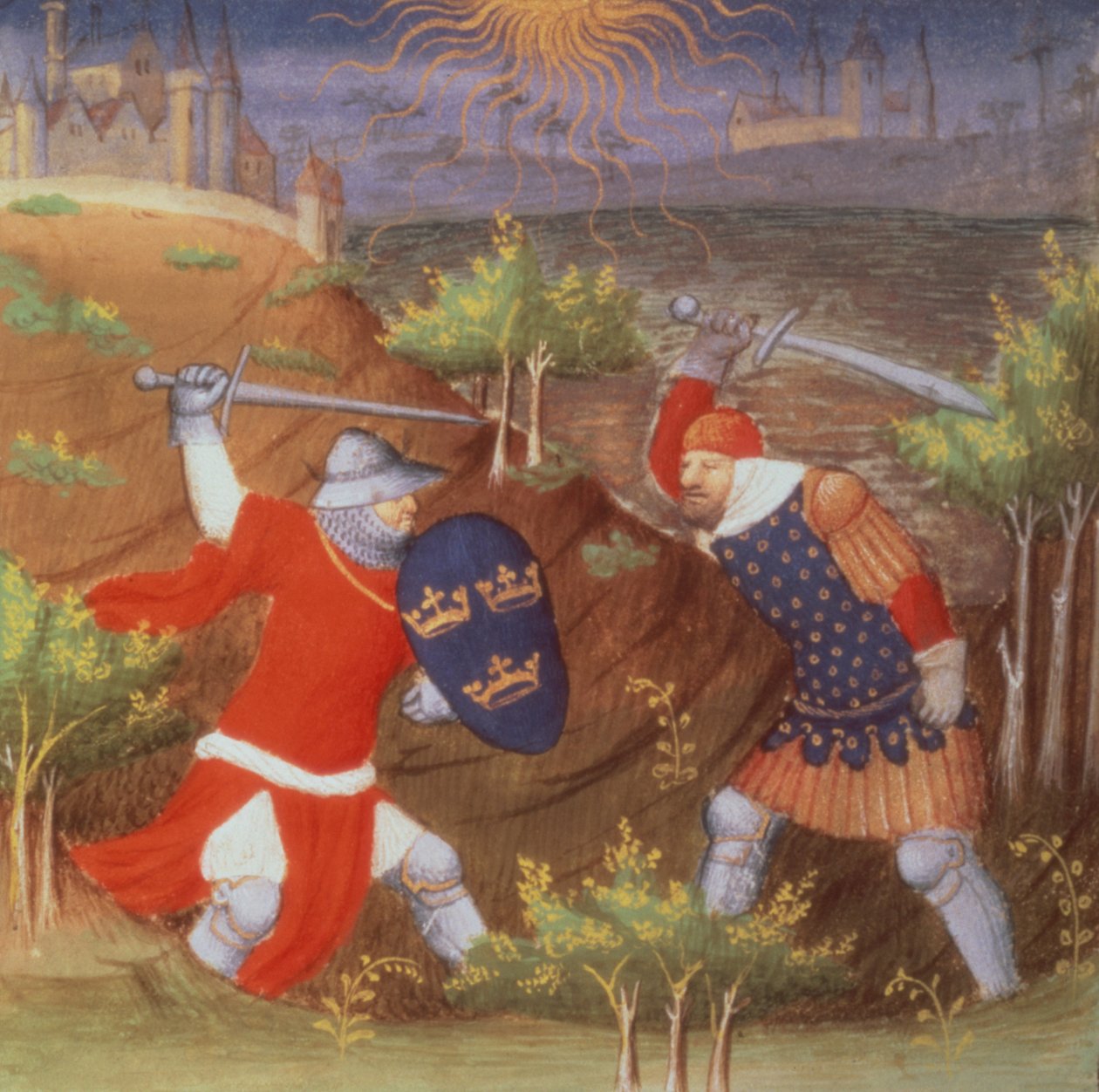 Ms Arsenal 5077 f.298 Arthur király harcol egy római hadvezérrel, Boucicaut mestertől, a Histories kéziratából alkotó: French School