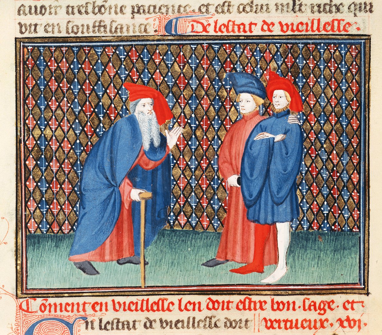 Ms Fr 1023 fol.57v Hogyan kell az időseknek jónak, bölcsnek és erényesnek lenni, a Good Morals könyvéből, Jacques le Grant (1360-1415) alkotó: French School
