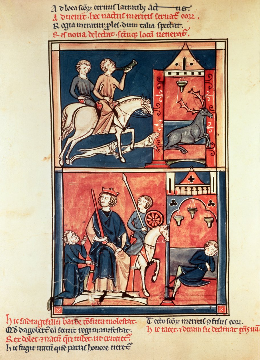 Ms Fr 1098 Egy szarvasvadászat és egy király, valószínűleg I. Dagobert (632-39) a trónján, Szent Dénes életéből és csodáiból alkotó: French School