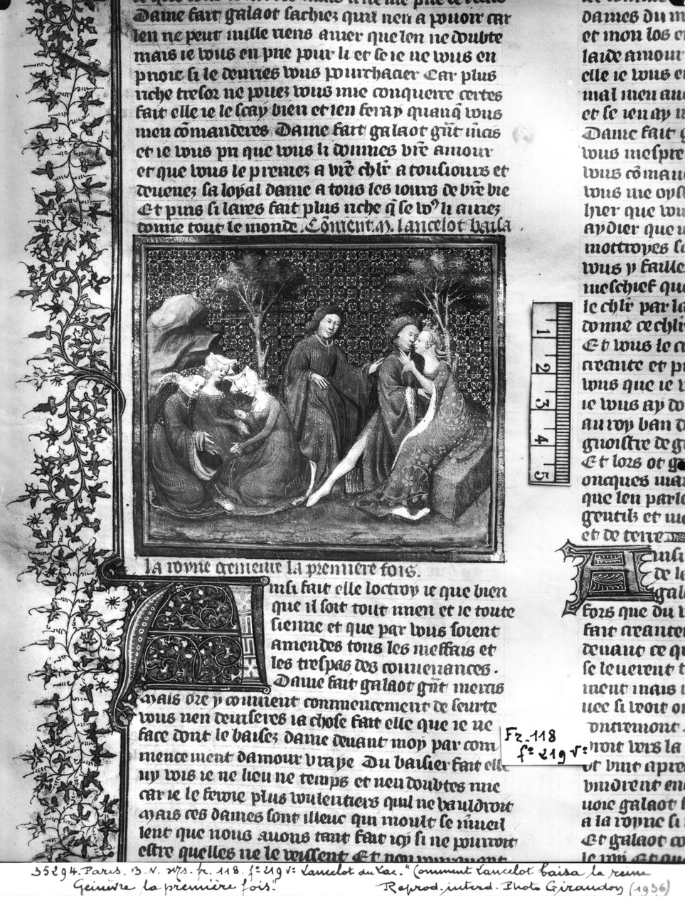 Ms Fr 118 fol.219v Hogyan csókolta meg Lancelot először Guinevere-t, a Livre de Messire Lancelot du Lacból alkotó: French School