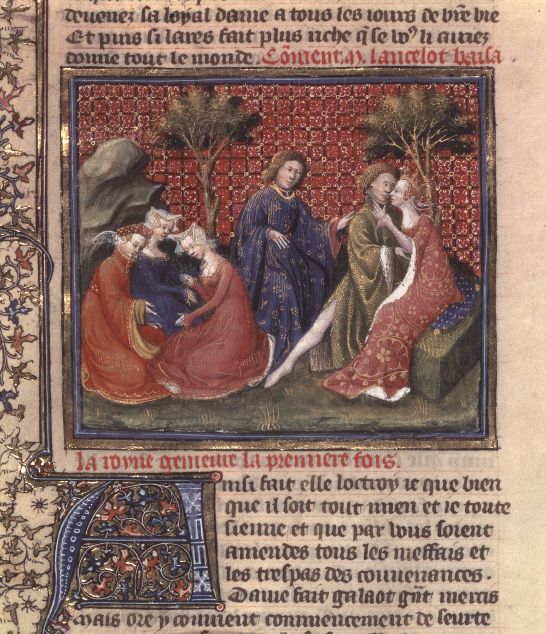 Ms Fr 118 fol. 219v oldal: A Szent Grál keresése és Arthur halála, a Lancelot of the Lake című kézirat része alkotó: French School
