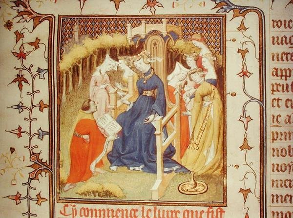Ms Fr 12420 A szerző bemutatja művét egy nőcsoportnak, Giovanni Boccaccio (1313-75) „De Claris Mulieribus” című művéből (vellum) alkotó: French School