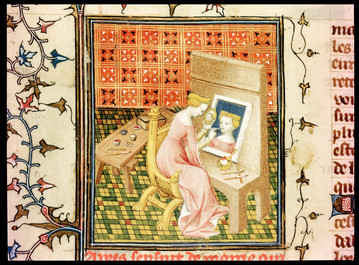 Ms Fr 124220 fol.101v St. Marcia (d.632) Önarckép festése, De Claris Mulieribustól, től, Giovanni Boccaccio (1313-75) alkotó: French School